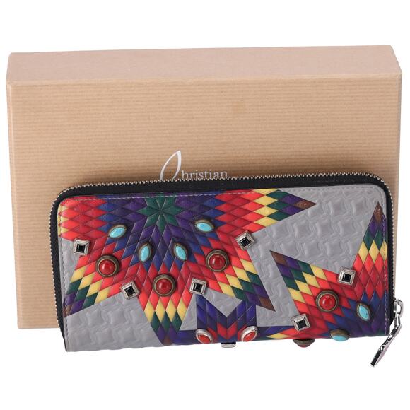 Christian Louboutin Panettone Long Wallet Gray Red Multi Leather Beaded - Picture 2 of 7